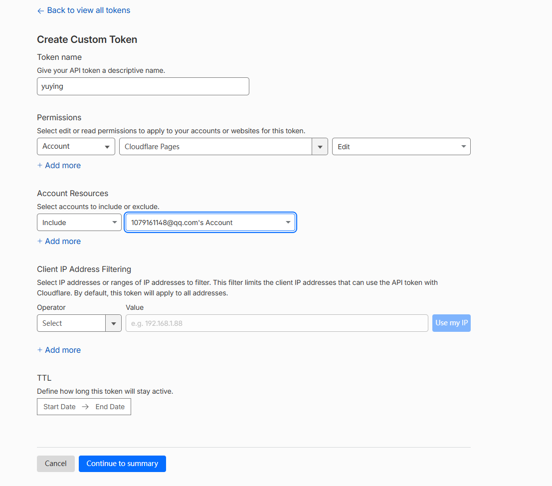 Cloudflare 创建 Custom Token 示例（Permissions=Account/Cloudflare Pages/Edit）